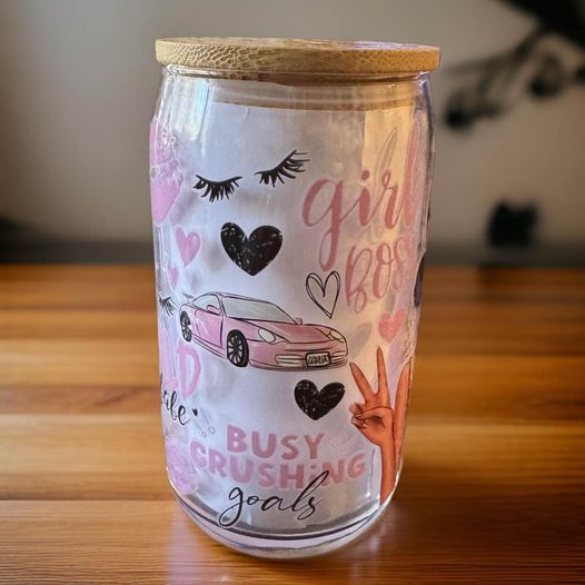 Girl Boss UV DTF (THIS IS A GLASS CUP I PLACED WHITE PAPER INSIDE SO YOU CAN SEE DESIGNS)