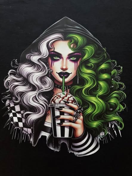 Gothic Glam Girl T-Shirt Green White Hair Spooky Drink Handmade Size S