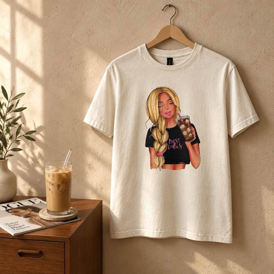 Women's Boss Vibes Graphic T-Shirt – Tan Handmade Coffee Lover Tee – Gildan Size Small