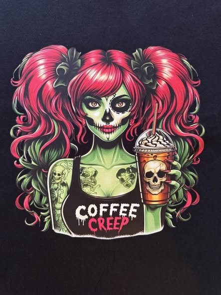 Coffee Creep Halloween Graphic T-Shirt Pink Hair Zombie Girl Coffee Tee Size Large
