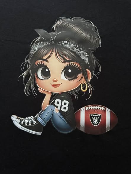 Football Girl Graphic T-Shirt – Black & Silver Game Day Fan Tee – Handmade Size Medium