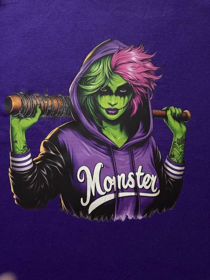 Women's Purple Monster Graphic T-Shirt Size Small Handmade Halloween Goth Punk