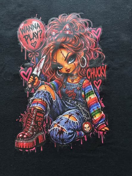 Horror Doll Graphic T-Shirt – Wanna Play Gothic Girl Tee – Size Medium