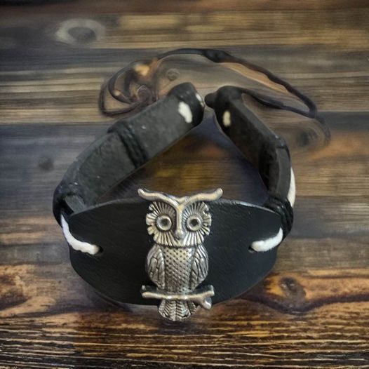 Black Owl Leather Pollcord Bracelet