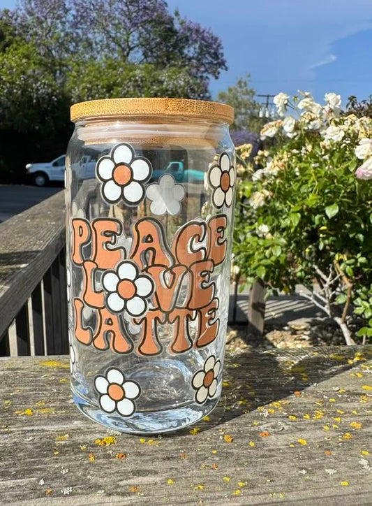PEACE LOVE LATTE GLASS CUP