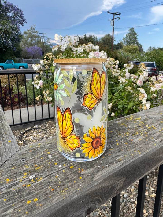 SUNFLOWERS AND BUTTERFLIES GLASS CUP