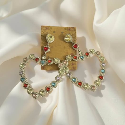 MULTI COLOR RHINESTONE LARGE HEART EARRINGS