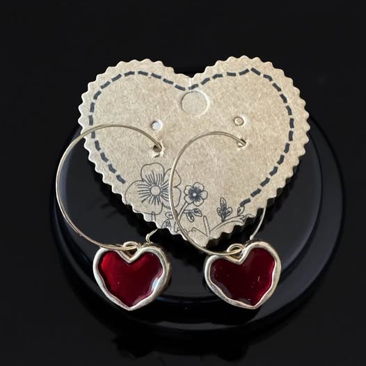 GOLD HOOPS WITH BLOOD RED HEART EARRINGS