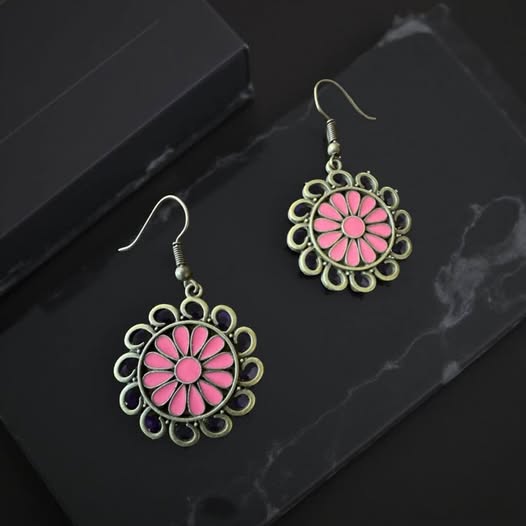 BRASS PINK FLOWER MINI EARRINGS