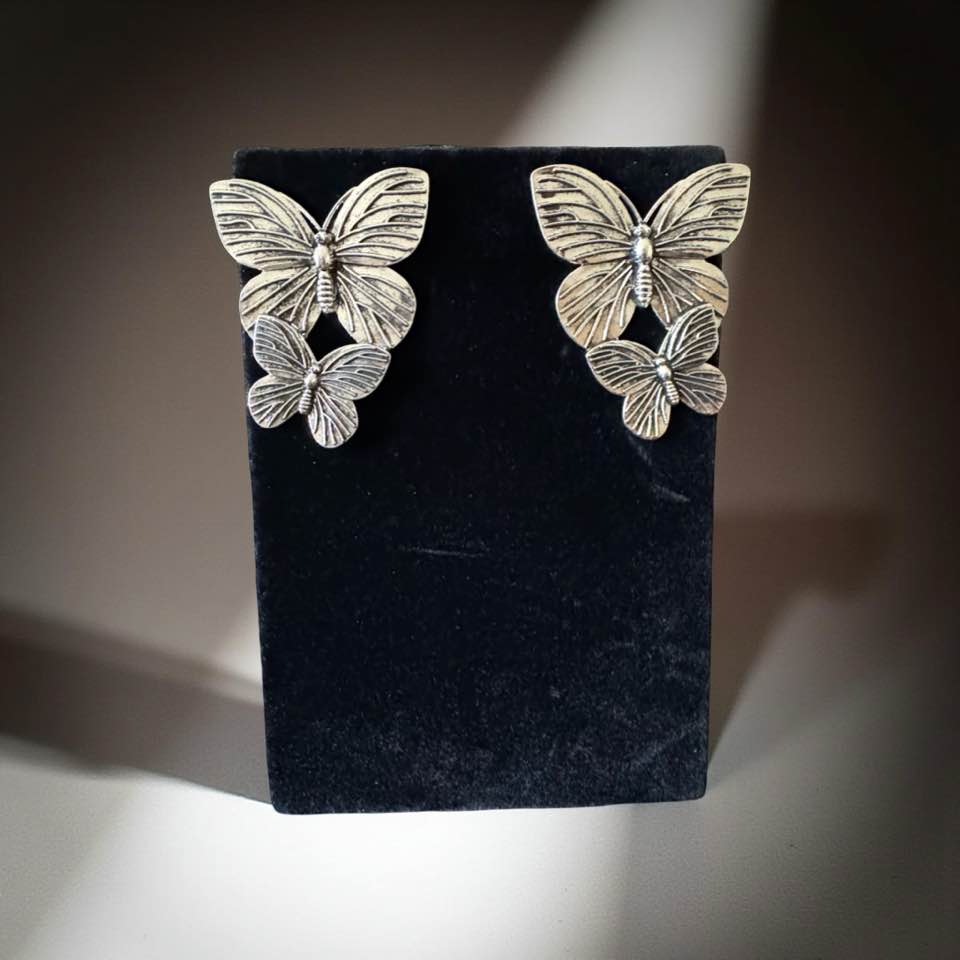 SILVER DOUBLE BUTTERFLY POST BACK EARRINGS