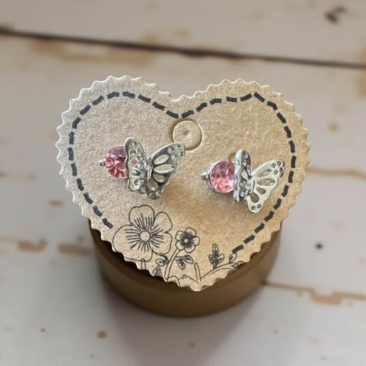 PINK RHINESTONE BUTTERFLY KIDS STUD EARRINGS
