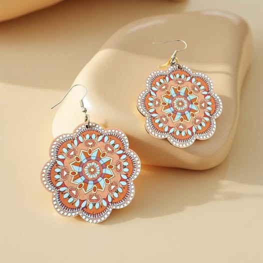 TAN MULTI COLOR FLOWER WOOD EARRINGS