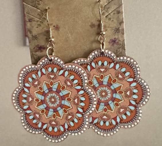TAN MULTI COLOR FLOWER WOOD EARRINGS