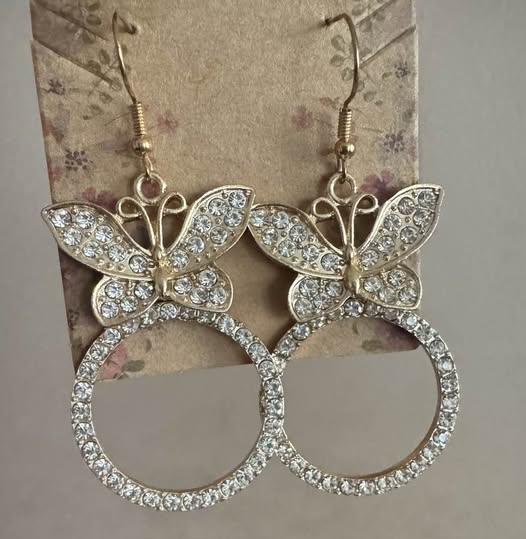 RHINESTONE BUTTERFLY GOLD EARRINGS