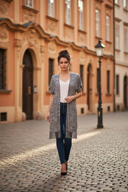 MULTI GREY SHORT SLEEVE CARDIGAN SIZE M