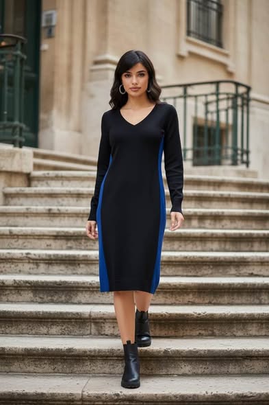 BLACK/BLUE STRIPE SWEATER DRESS SIZE S/P - Beauty&Beyond