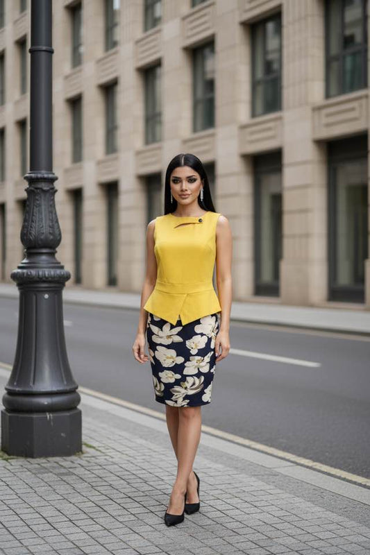 HOMEYEE YELLOW/BLUE PENCIL DRESS SIZE M - Beauty&Beyond