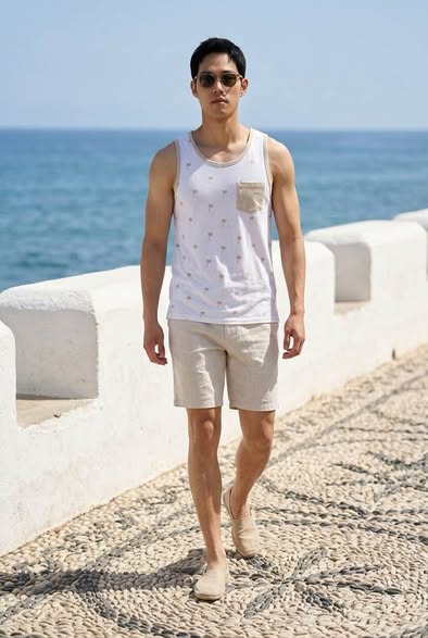 Men's Palm Tree Print Tank Top Size Medium White Sleeveless Beach Shirt