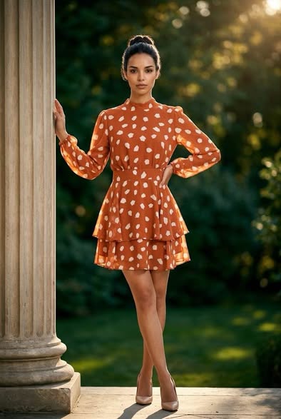 Women's Rust Polka Dot Tiered Ruffle Mini Dress Size M