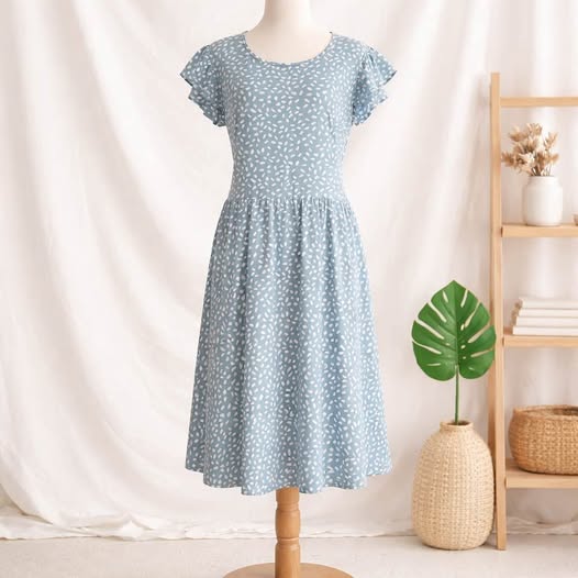 Soft Blue Printed Midi Dress – Size L - Beauty&Beyond