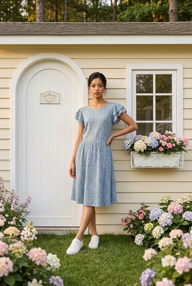 Soft Blue Printed Midi Dress – Size L - Beauty&Beyond