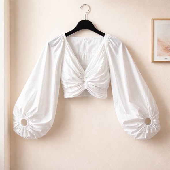 Women's White Twist Front Crop Top Size Medium Puff Sleeve Blouse