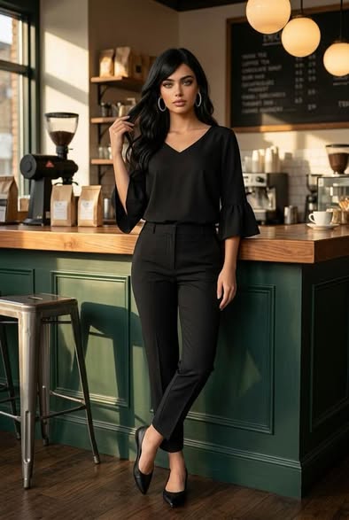 Black V-Neck Bell Sleeve Blouse – Size 2 - Beauty&Beyond