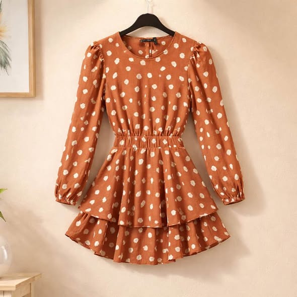Women's Rust Polka Dot Tiered Ruffle Mini Dress Size M