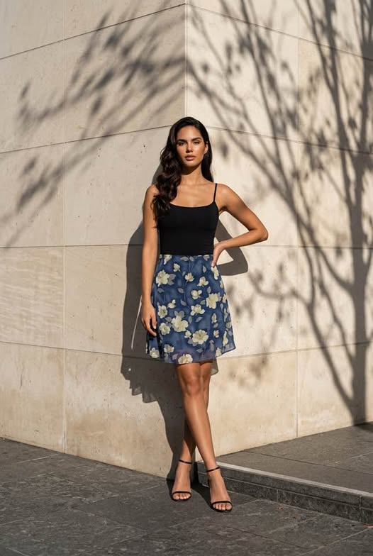Blue/Ivory Floral Skirt - Beauty&Beyond