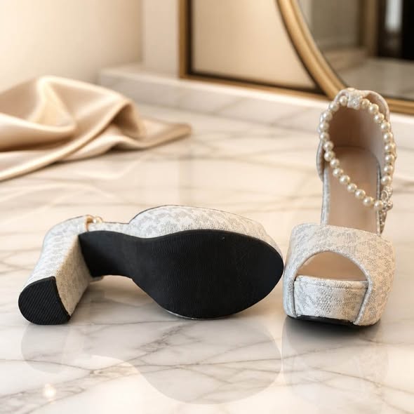Shimmer Pearl Ankle Strap Platform Heels – Size 5.5