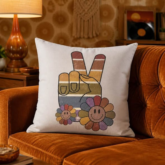 Retro Peace Sign Floral Throw Pillow Cover – 16" x 16" - Beauty&Beyond