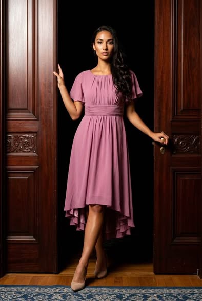 Women's Mauve High Low Chiffon Midi Dress Size XXL Flutter Sleeve Empire Waist NWT