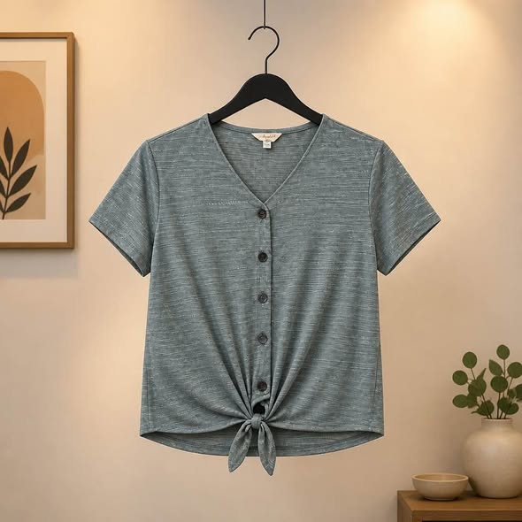 Weatherproof Vintage Women's Olive Green Tie Front Button V-Neck Top Size Small