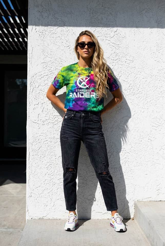 Starsiege Raiders Tie Dye Graphic T-Shirt Men's Medium Gildan Softstyle Short Sleeve