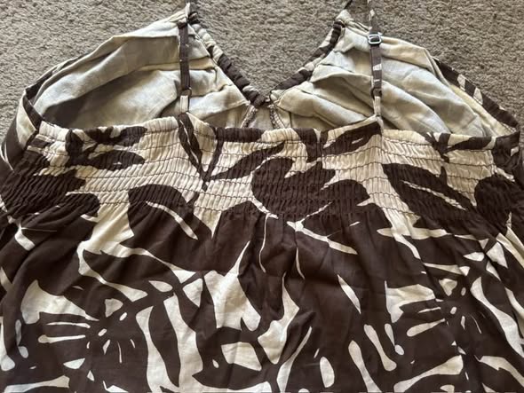 Hi Lites Women's Tropical Print Sundress Size Large Brown Beige Cotton Beaded Strap
