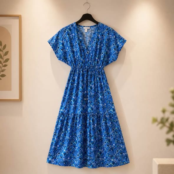 Bleu Rod Beattie Women's Blue Paisley Maxi Dress Size Small Sheer Stretch Boho