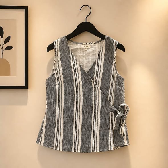 Sandy & Sid New York Women's Striped Wrap Top Size Medium Gray White Sleeveless Side Tie