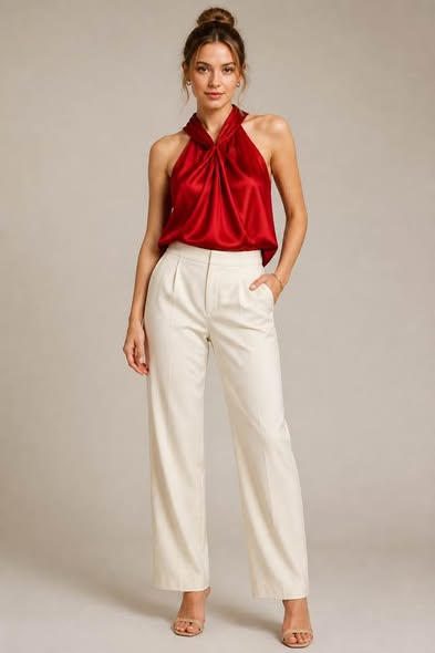 Ann Taylor Petites 12P Women's Red Satin Twist Neck Sleeveless Blouse NWT Elegant Top