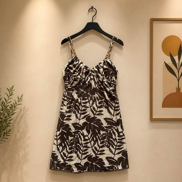 Hi Lites Women's Tropical Print Sundress Size Large Brown Beige Cotton Beaded Strap