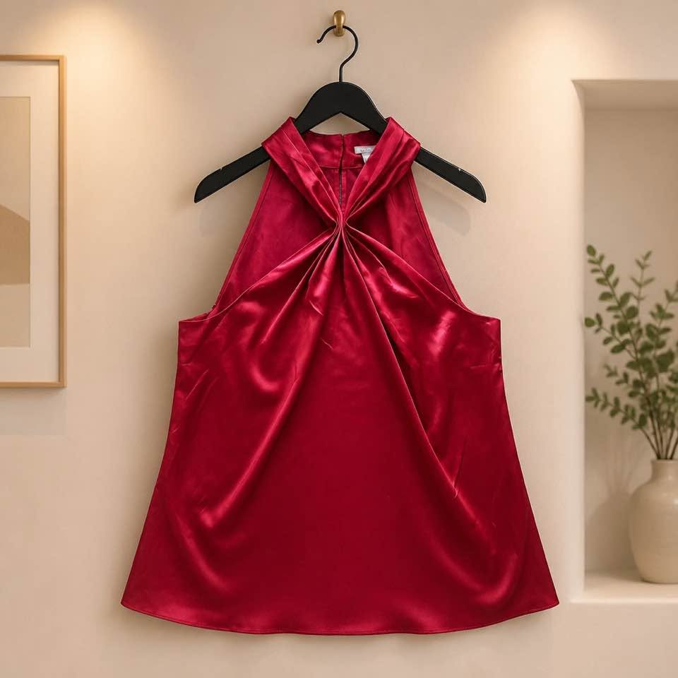 Ann Taylor Petites 12P Women's Red Satin Twist Neck Sleeveless Blouse NWT Elegant Top
