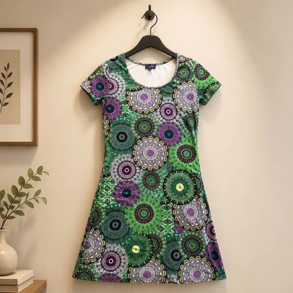 Coline Women's Green Purple Mandala Print Shift Dress Short Sleeve Size Small