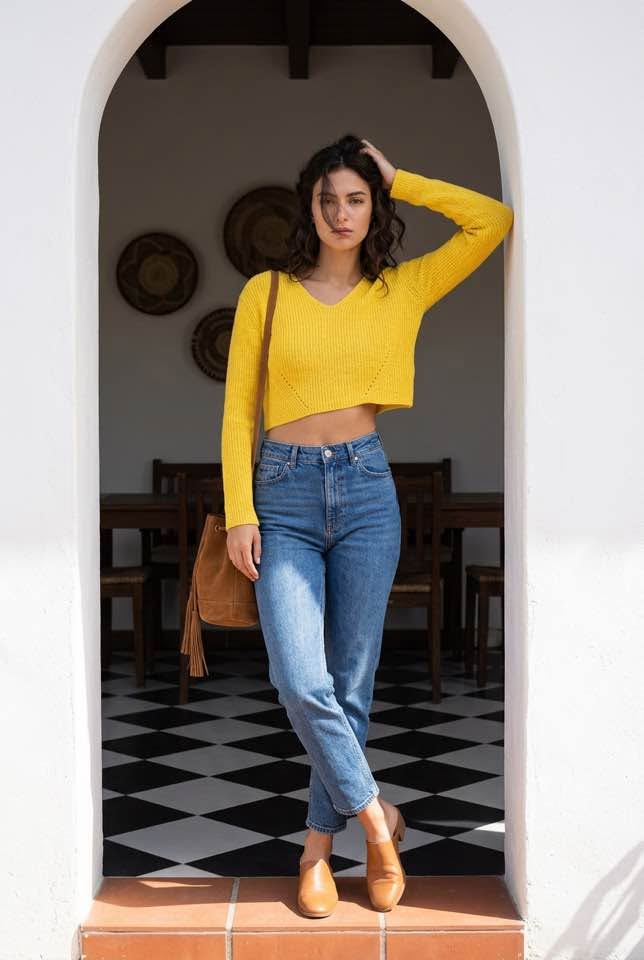 Wild Fable Women's Yellow Cropped Knit Sweater Size Medium Long Sleeve V-Neck
