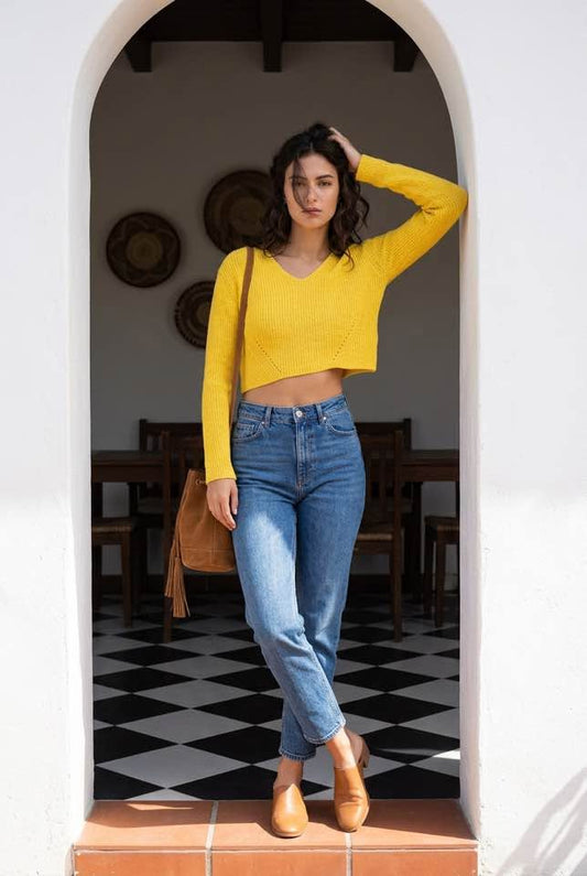 Wild Fable Women's Yellow Cropped Knit Sweater Size Medium Long Sleeve V-Neck - Beauty&Beyond