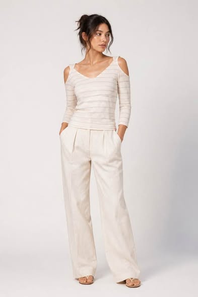 White House Black Market Women's Small Cold Shoulder Top White Gray Striped Twist Front Stretch