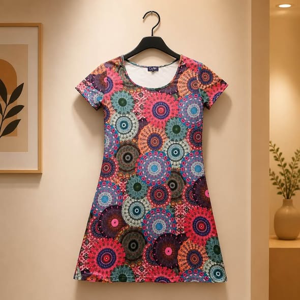 Coline Women's Multicolor Geometric Mandala Print Shift Dress Short Sleeve Size M