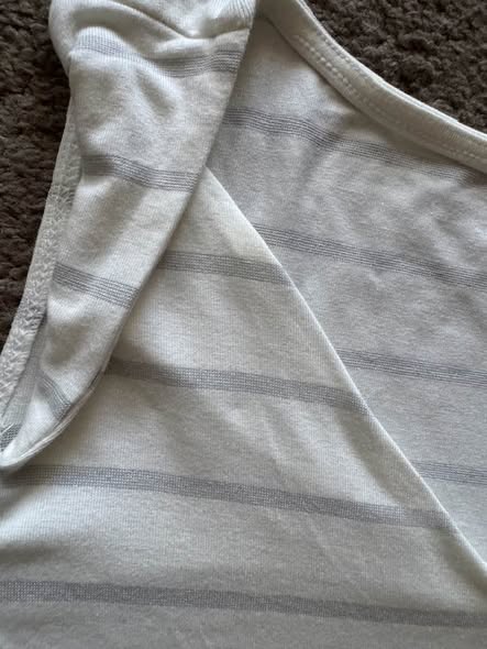 White House Black Market Women's Small Cold Shoulder Top White Gray Striped Twist Front Stretch