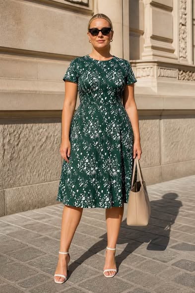 HELYO Women's Green Floral Midi Dress Size Large New With Tags Short Sleeve Fit & Flare - Beauty&Beyond