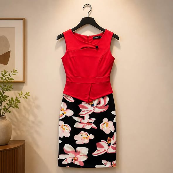 Homeyee Women's Red Floral Sheath Dress Sleeveless Office Career Size S NWT