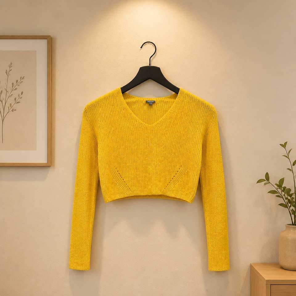 Wild Fable Women's Yellow Cropped Knit Sweater Size Medium Long Sleeve V-Neck