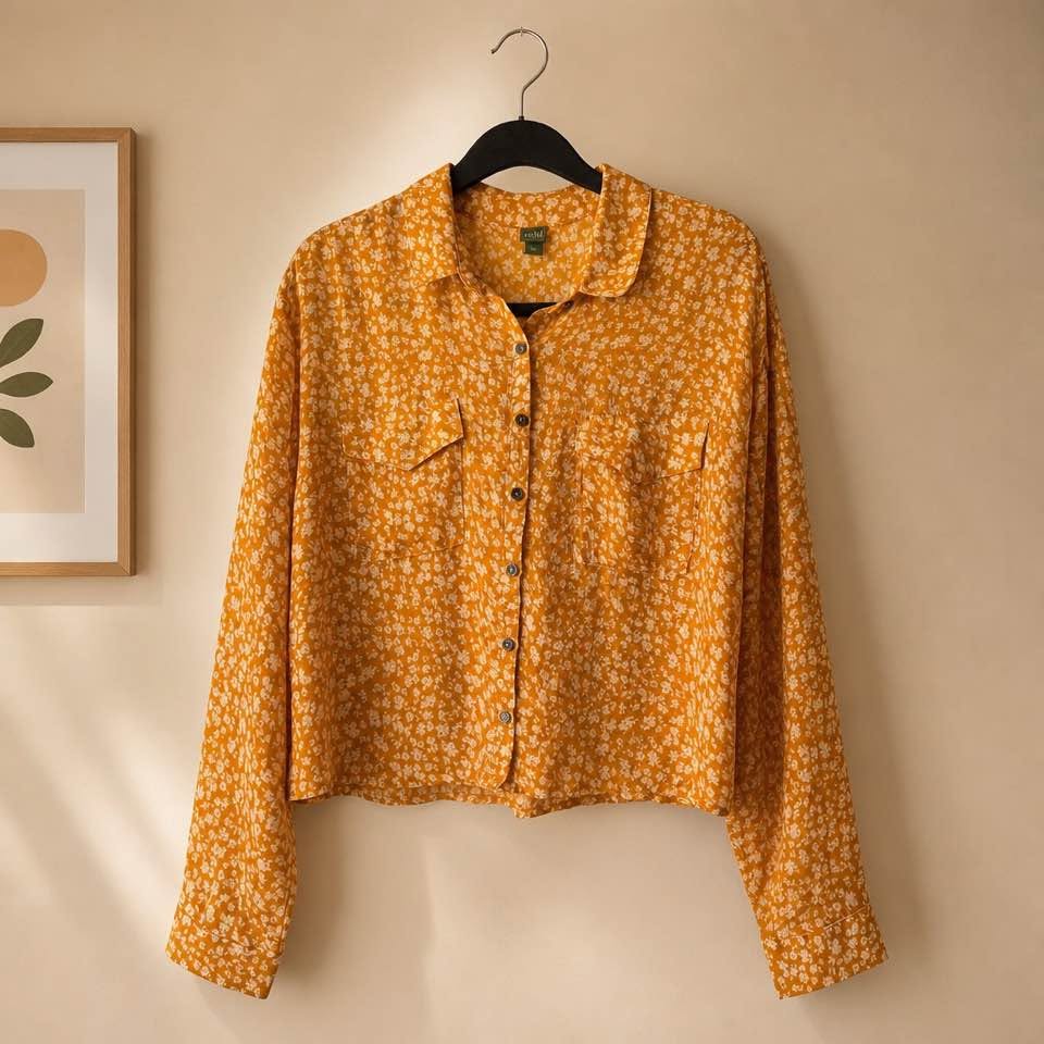 Wild Fable Women's Mustard Floral Button Front Long Sleeve Shirt Size M